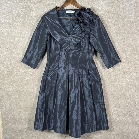Teri Jon Dress Womens 8 Black Satin Fit Flare 3/4 Sleeve Floral Applique Formal - Picture 2 of 12